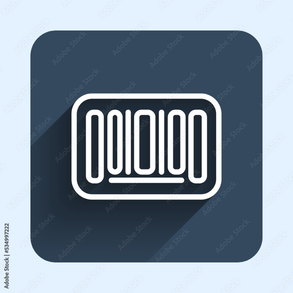Poster white line barcode icon isolated with long shadow background. blue square button. vector