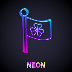 Glowing neon line National Ireland flag with clover trefoil leaf icon isolated on black background. Happy Saint Patricks day. National Irish holiday. Vector