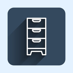 White line Chest of drawers icon isolated with long shadow background. Blue square button. Vector