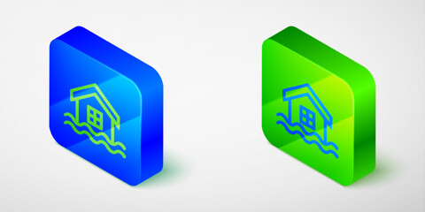 Isometric line House flood icon isolated on grey background. Home flooding under water. Insurance concept. Security, safety, protection, protect concept. Blue and green square button. Vector