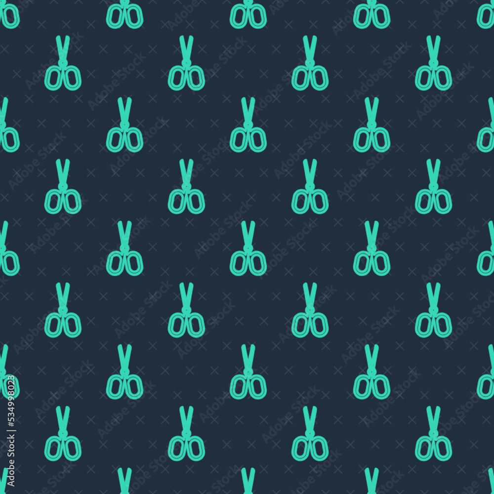 Poster green line scissors icon isolated seamless pattern on blue background. tailor symbol. cutting tool s