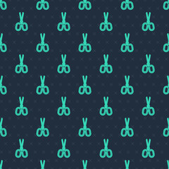 Green line Scissors icon isolated seamless pattern on blue background. Tailor symbol. Cutting tool sign. Vector