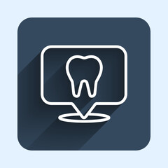 Fototapeta premium White line Dental clinic location icon isolated with long shadow background. Blue square button. Vector