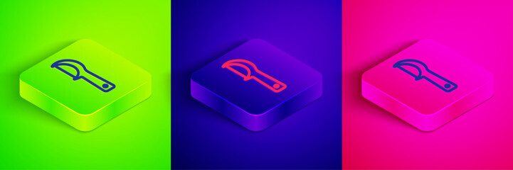 Isometric line Dental floss icon isolated on green, blue and pink background. Square button. Vector