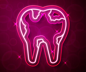 Glowing neon line Broken tooth icon isolated on red background. Dental problem icon. Dental care symbol. Vector