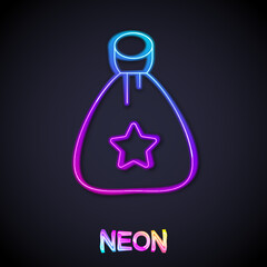Glowing neon line Santa Claus bag gift icon isolated on black background. Christmas presents sack. Merry Christmas and Happy New Year. Vector