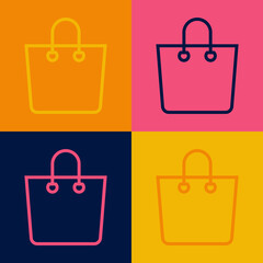 Pop art line Paper shopping bag icon isolated on color background. Package sign. Vector