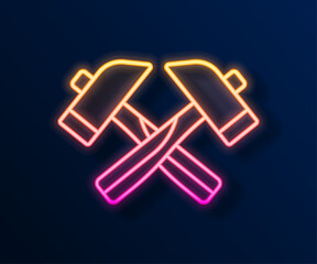 Glowing neon line Crossed hammer icon isolated on black background. Tool for repair. Vector