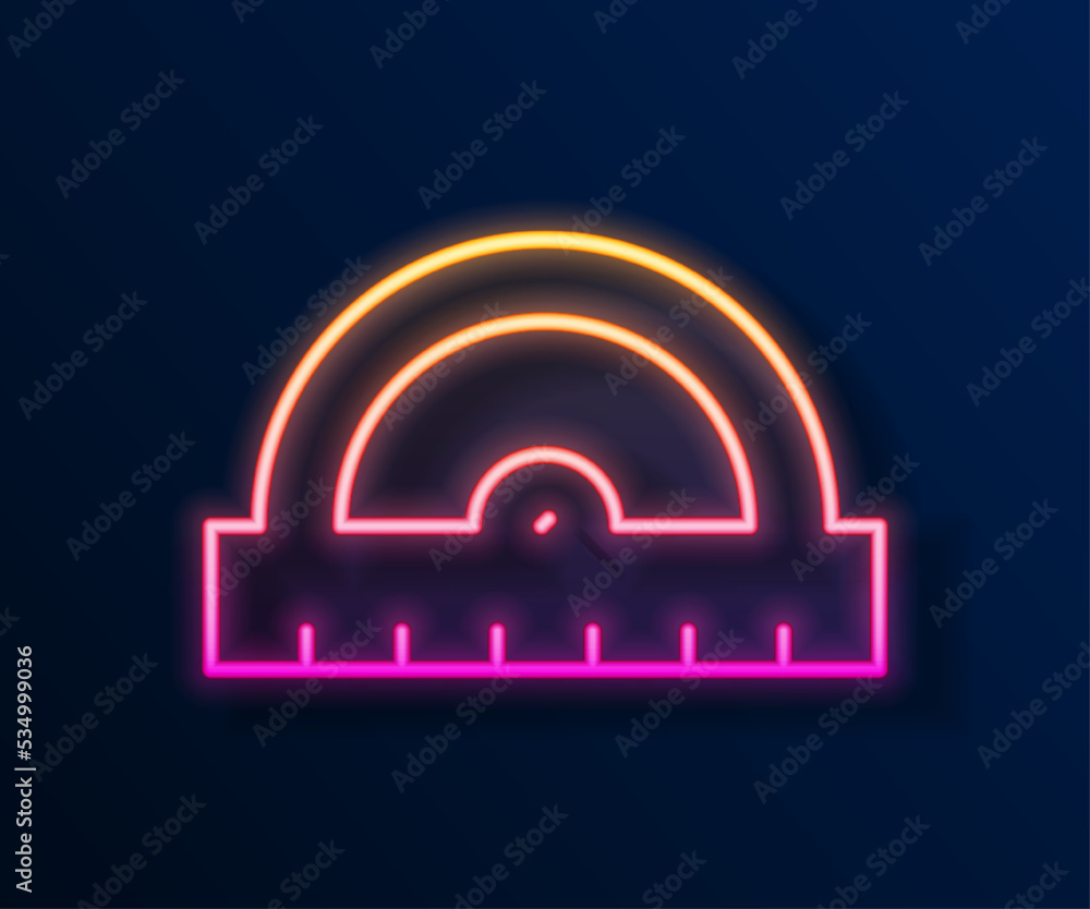 Poster glowing neon line protractor grid for measuring degrees icon isolated on black background. tilt angl