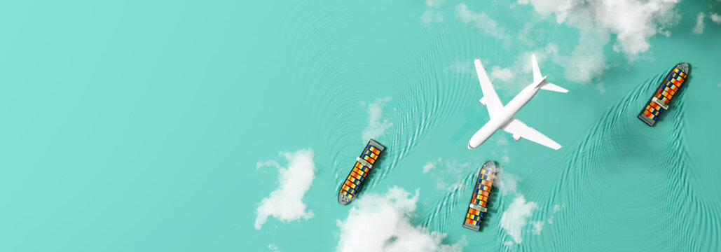Aerial view container cargo ships and cargo plane, business logistics, transportation industry concept. 3d rendering
