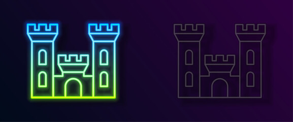 Glowing neon line Castle icon isolated on black background. Medieval fortress with a tower. Protection from enemies. Reliability and defense of the city. Vector