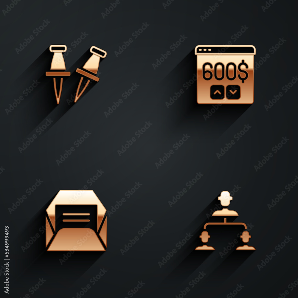 Aufkleber set push pin, monitor with dollar, envelope and employee hierarchy icon with long shadow. vector
