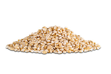 Pile of harvested dried pearl barley seeds isolated on white background with clipping path.