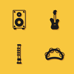 Set Stereo speaker, Tambourine, Flute and Electric bass guitar icon with long shadow. Vector