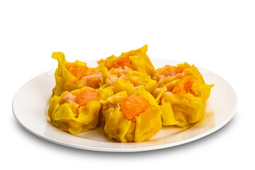 Fresh delicious homemade shrimp, minced pork and salted egg yolk steamed dumplings in white ceramic dish isolated on white background with clipping path.