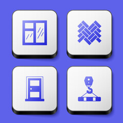 Set Window in room, Parquet, Closed door and Crane hook icon. White square button. Vector