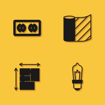 Set Electrical outlet, Light bulb, House plan and Wallpaper icon with long shadow. Vector