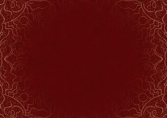 Deep red textured paper with splatters of golden glitter and vignette of golden hand-drawn pattern. Copy space. Digital artwork, A4. (pattern: p07-1a)