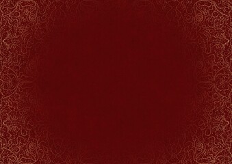 Deep red textured paper with splatters of golden glitter and vignette of golden hand-drawn pattern. Copy space. Digital artwork, A4. (pattern: p07-1b)