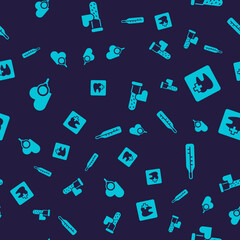 Set Medical heart inspection, Dental clinic location, Test tube with blood and thermometer on seamless pattern. Vector