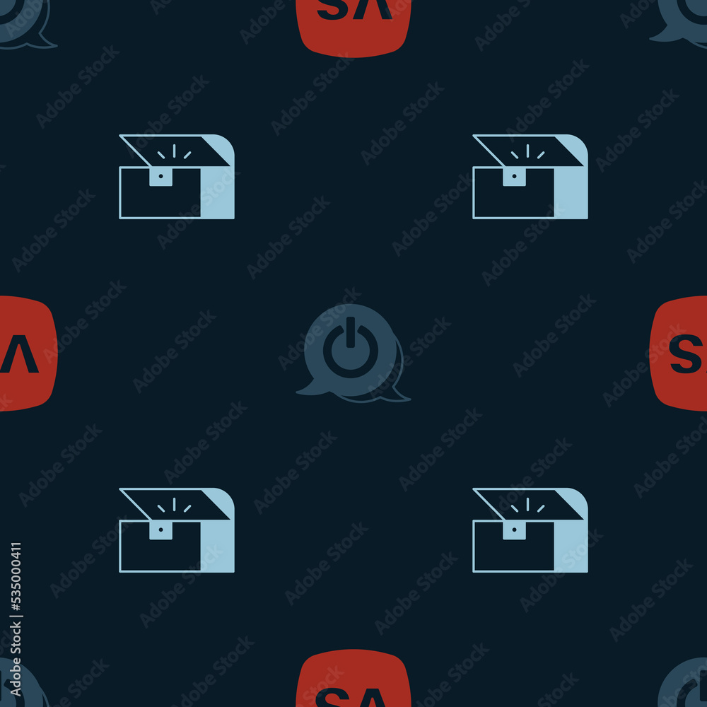 Poster set vs versus battle, power button and chest for game on seamless pattern. vector