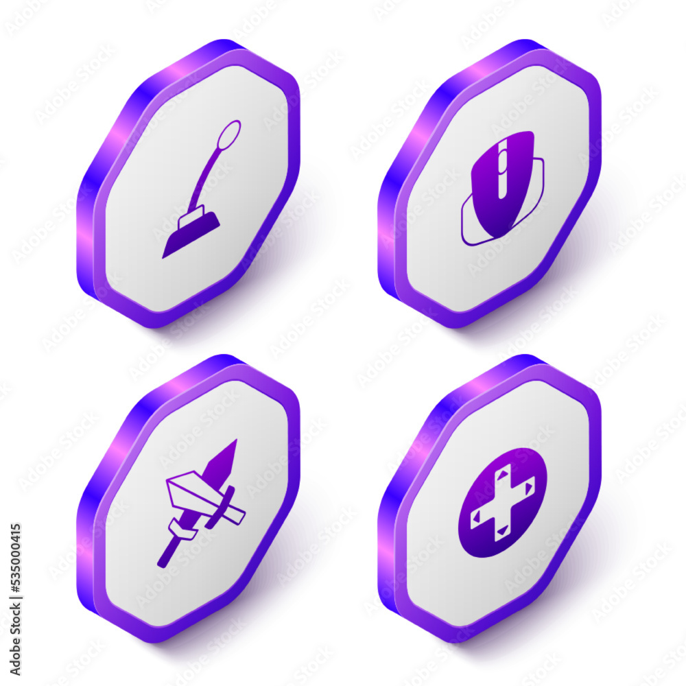 Poster set isometric microphone, computer mouse, sword for game and game controller joystick icon. purple h