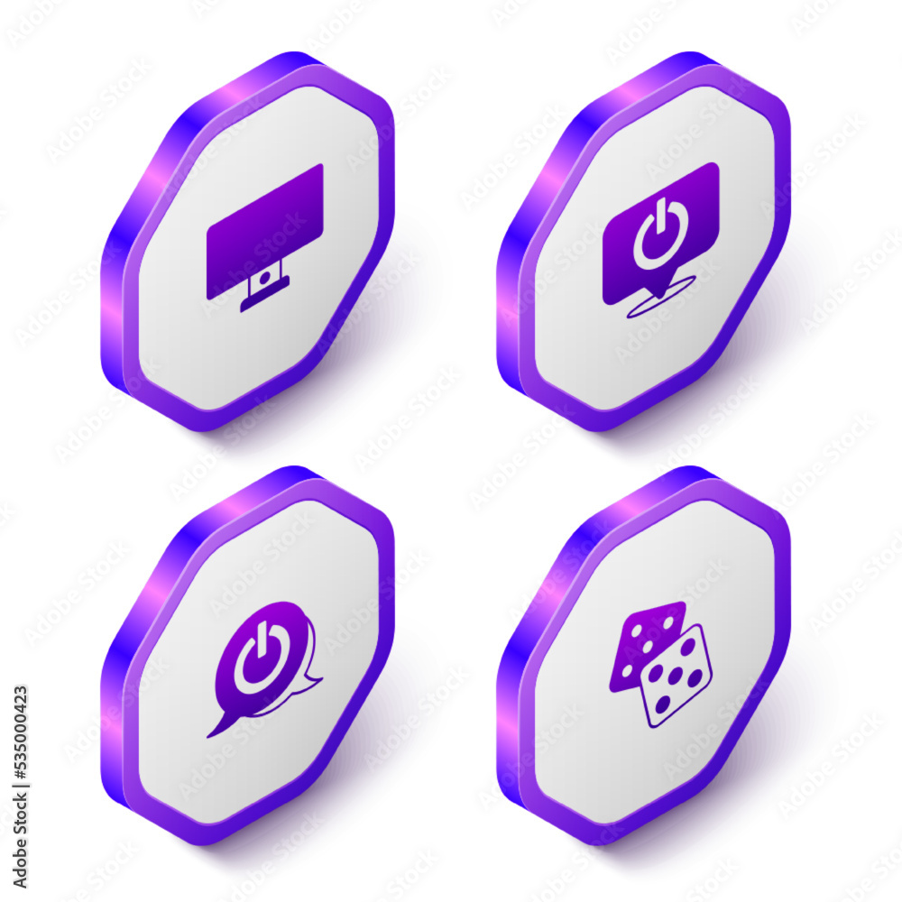 Poster set isometric computer monitor, power button, and game dice icon. purple hexagon button. vector