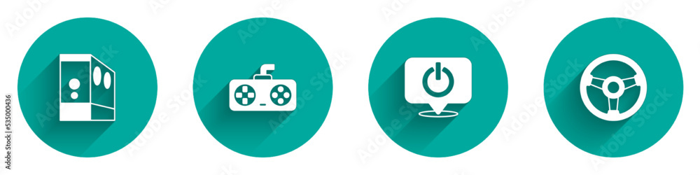 Poster set case of computer, game controller or joystick, power button and racing simulator icon with long 