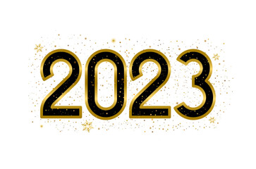 Gold color 2023 number. Happy new year congratulation message. Gold stars random luxury sparkling. Vector illustration.