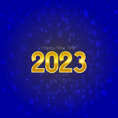 Gold color 2023 number. Happy new year congratulation message on blue starry background. Vector illustration.