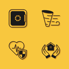 Set Safe, House in hand, Life insurance with shield and Tornado icon with long shadow. Vector