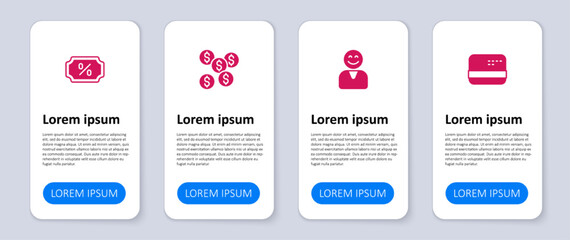 Set Credit card, Happy customer, Dollar symbol and Discount percent tag. Business infographic template. Vector