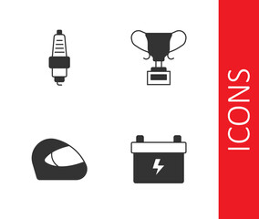 Set Car battery, spark plug, Racing helmet and Award cup icon. Vector