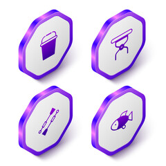 Set Isometric Fishing bucket, Camping folding chair, Oars or paddles boat and icon. Purple hexagon button. Vector