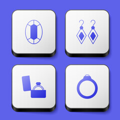 Set Gem stone, Earrings, Diamond engagement box and icon. White square button. Vector