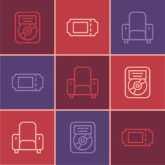 Set line CD disk award in frame, Cinema chair and ticket icon. Vector