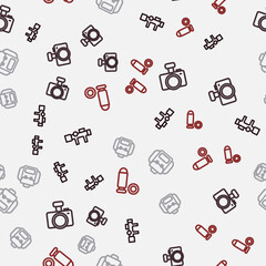 Set line Sniper optical sight, Photo camera, Hiking backpack and Bullet on seamless pattern. Vector