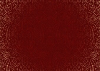 Hand-drawn unique abstract ornament. Light red on a deep red background, with vignette of same pattern in golden glitter. Paper texture. Digital artwork, A4. (pattern: p08-2b)