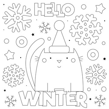 Hello Winter. Coloring page. Black and white vector illustration.