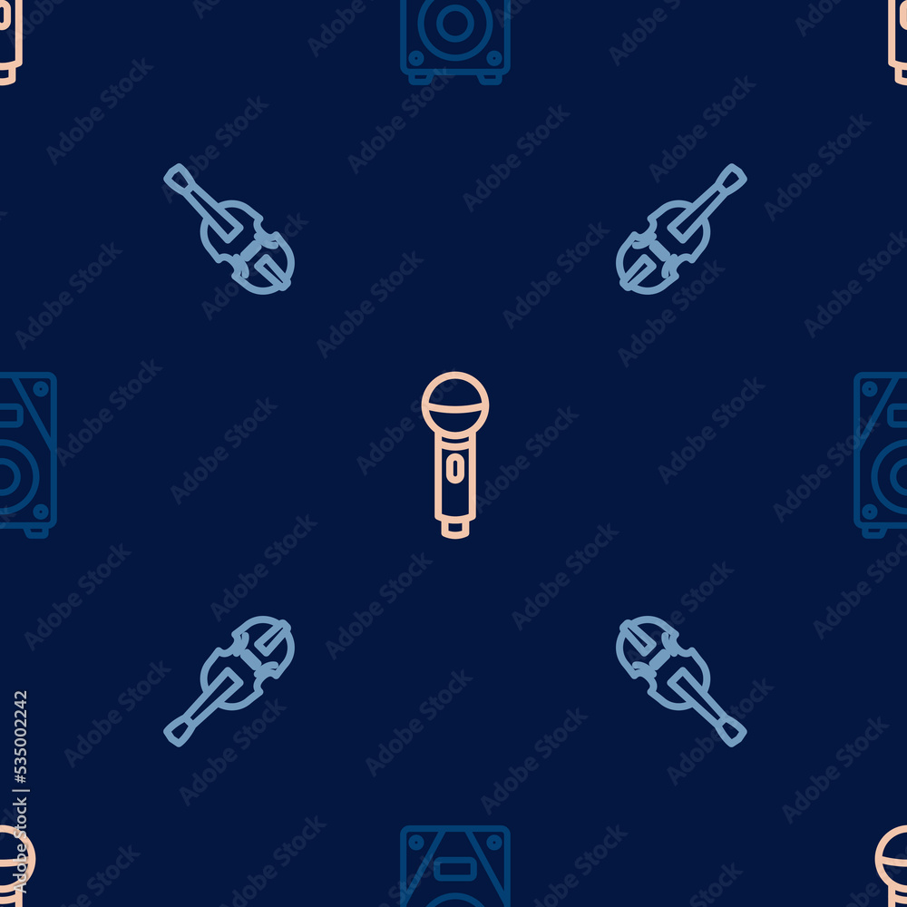 Poster set line stereo speaker, violin and microphone on seamless pattern. vector