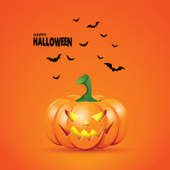 Happy Halloween. Festive background with orange pumpkins with cut scary smile, flying bats. Holiday poster, flyer, brochure and template cover. Vector illustration