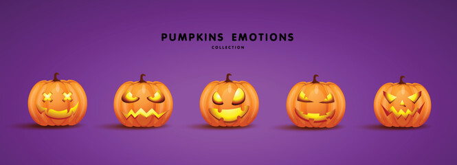 Set of pumpkin for holiday Halloween. Orange pumpkins with cut scary good joy smile. Design elements isolated on purple background. Vector illustration