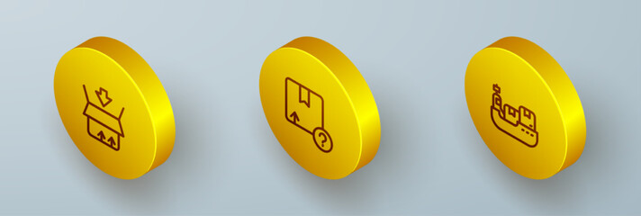 Set Isometric line Carton cardboard box, and Cargo ship with boxes delivery icon. Vector