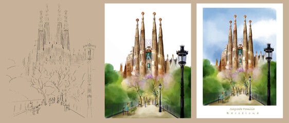 Watercolor Barcelona Spain Sagrada Familia. Handmade watercolor vector drawing. Linear black and white drawing