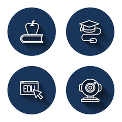 Set line Book with apple, Graduation cap mouse, Online education and Web camera with long shadow. Blue circle button. Vector
