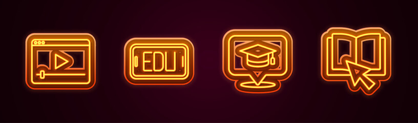 Fototapeta premium Set line Online play video, education, Graduation cap speech bubble and book. Glowing neon icon. Vector