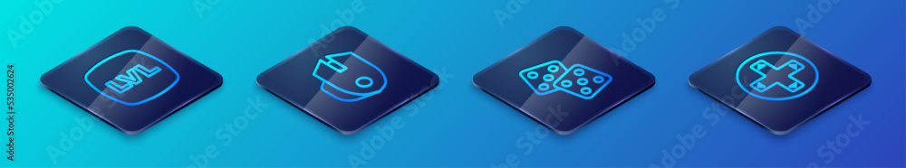 Poster set isometric line game dice, level game, controller or joystick and computer mouse icon. vector