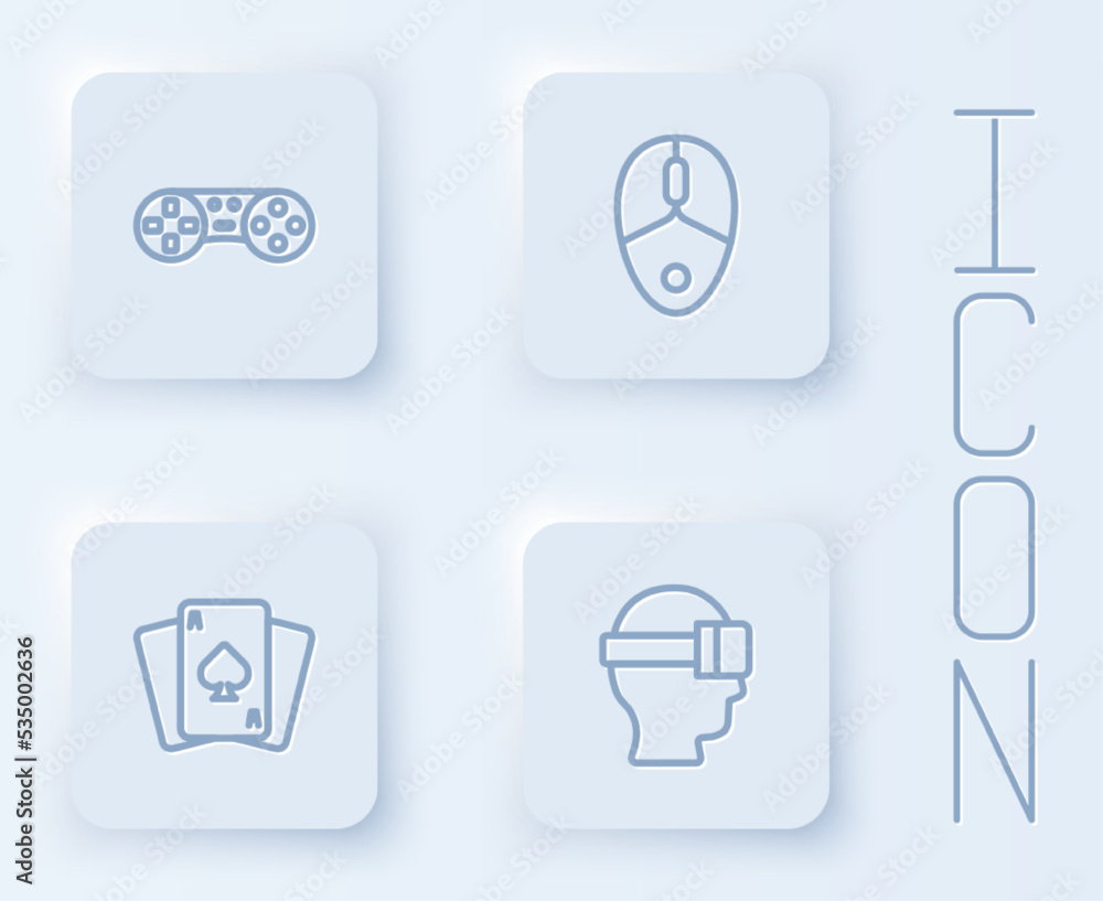 Poster set line game controller or joystick, computer mouse, playing cards and virtual reality glasses. whi