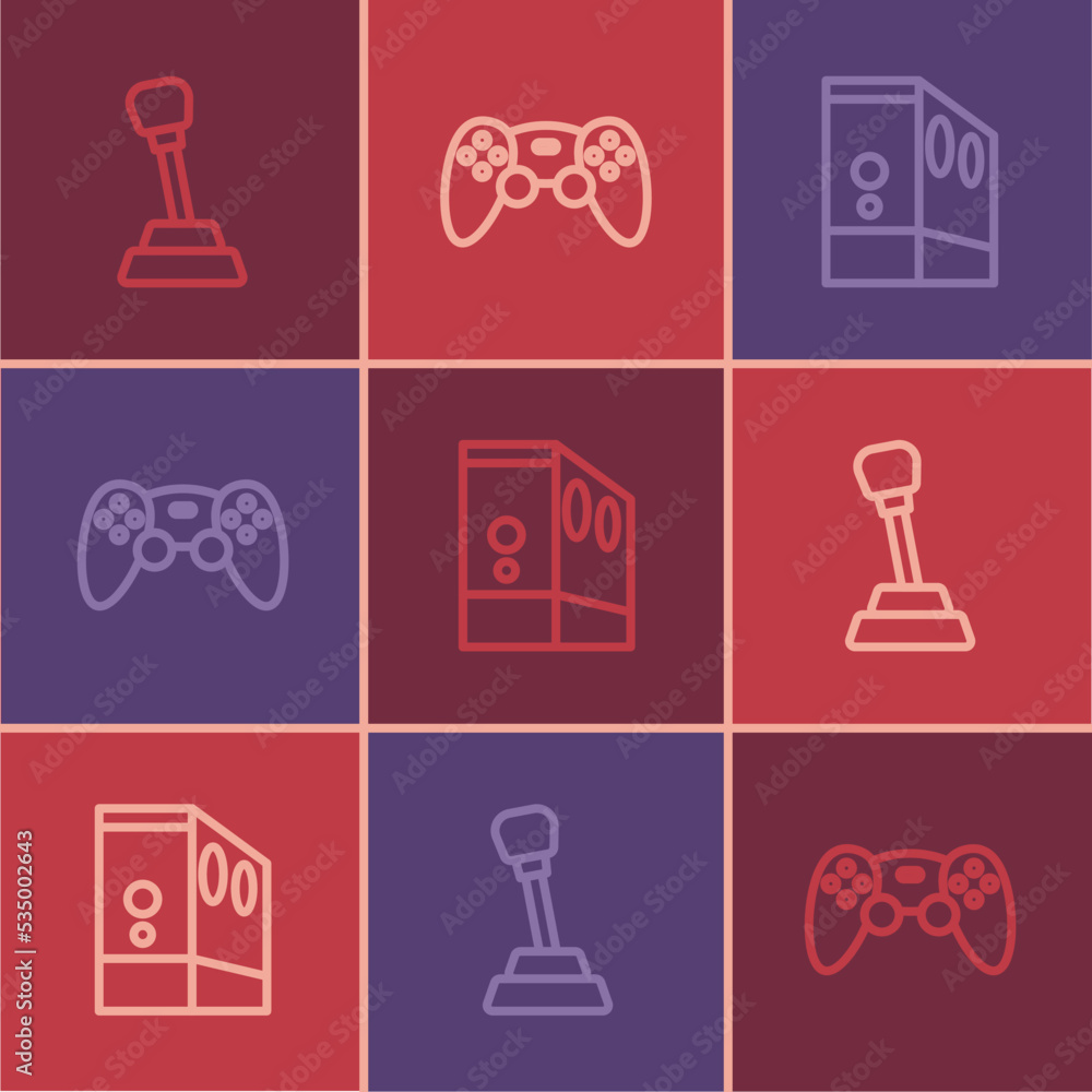 Poster set line gear shifter, case of computer and game controller or joystick icon. vector
