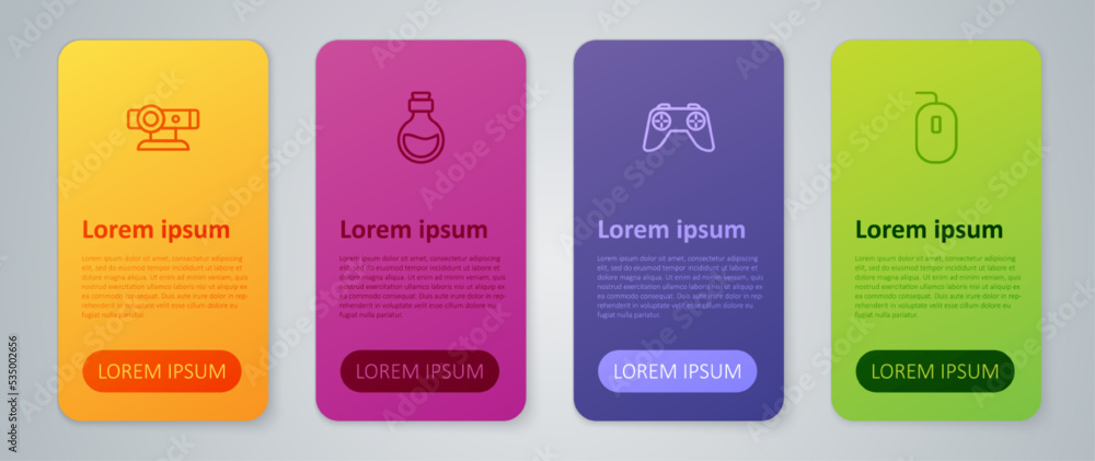 Poster set line game controller or joystick, computer mouse, web camera and bottle with magic elixir. busin